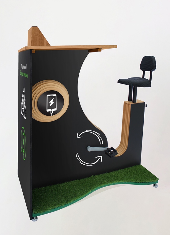 PEDAL-POWER STATIONS with an integrated seat